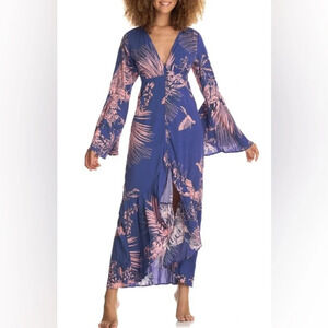 Maaji Hypnosis tropical blue and pink long flounce sleeve cover up dress sz med
